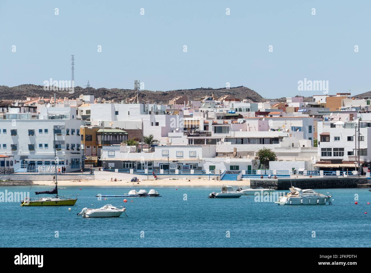 Corralejo, Spain; April 28th 2021: Playa la Clavellina and Muelle Chico, Corralejo, Fuerteventura Island Stock Photo