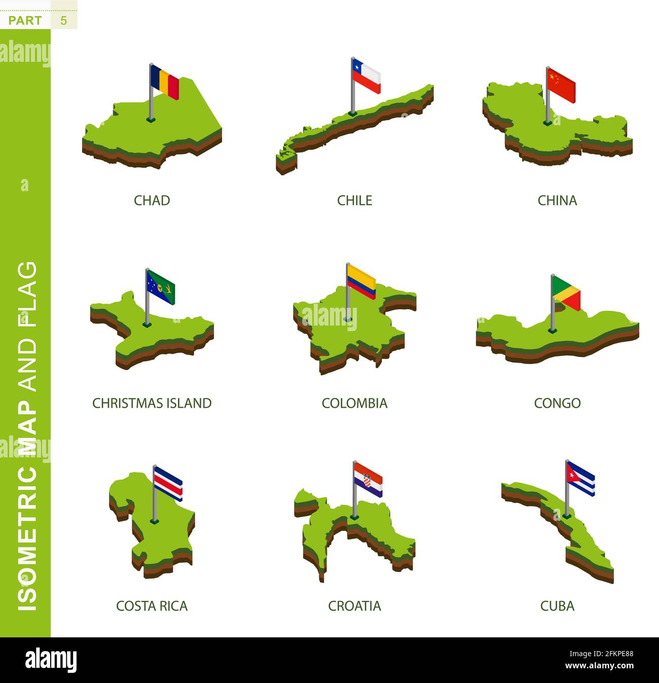 Set of 9 isometric map and flag, 3D vector isometric shape of Chad, Chile, China, Christmas Island, Colombia, Congo, Costa Rica, Croatia, Cuba Stock Vector