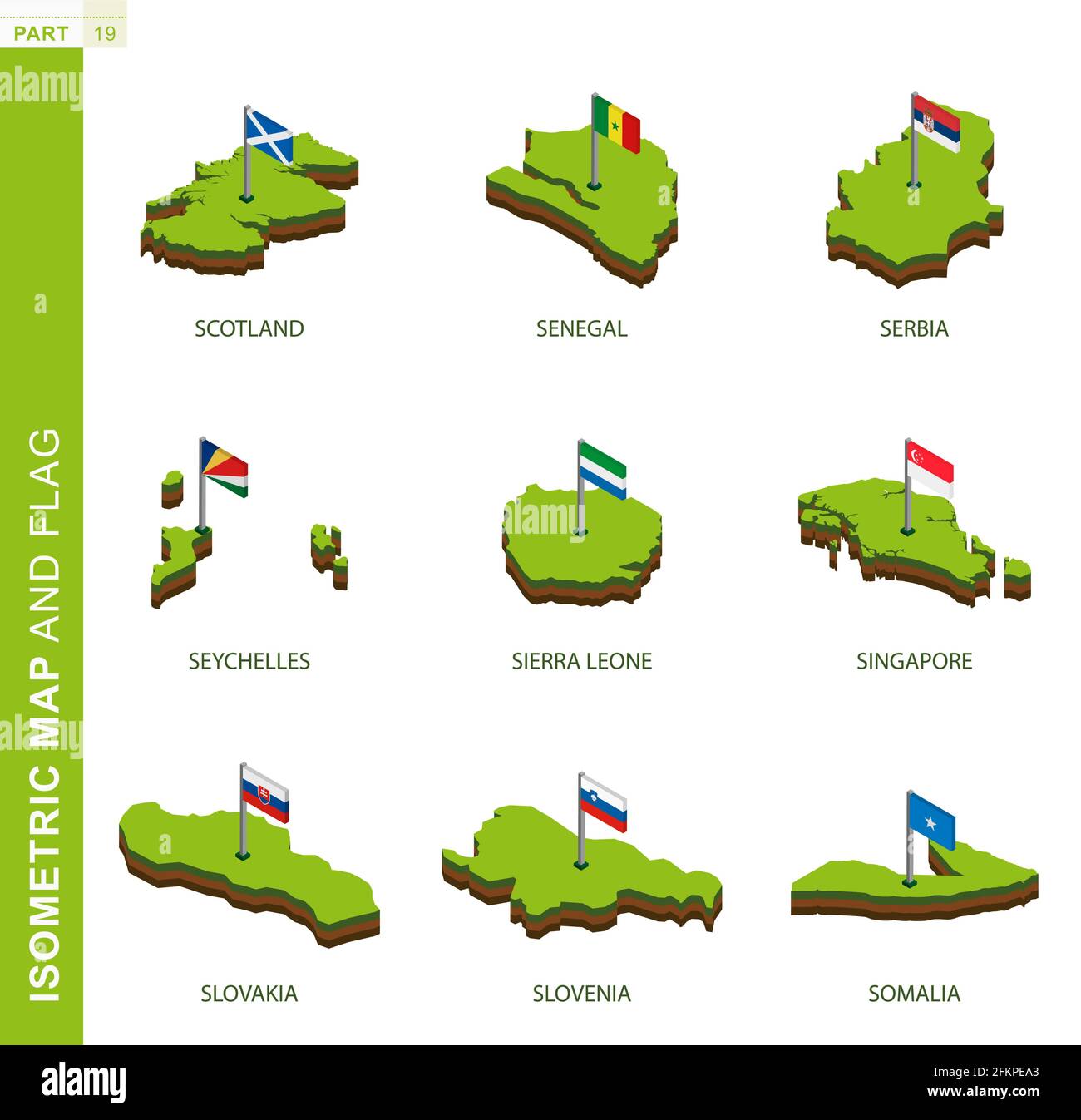 Set of 9 isometric map and flag, 3D vector isometric shape of Scotland, Senegal, Serbia, Seychelles, Sierra Leone, Singapore, Slovakia, Slovenia, Soma Stock Vector
