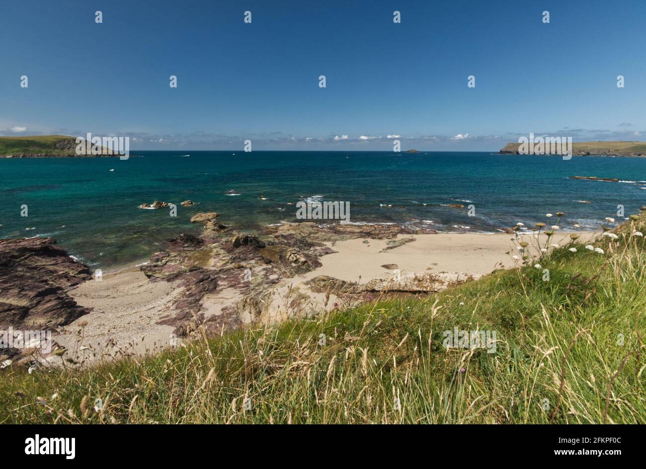 A summertime scenic view from the South West Coastal Path. Stock Photo