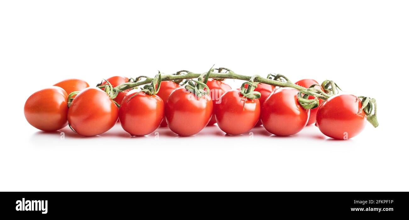 Fresh red cherry tomatoes. Small tomatoes on branch isolated on white background. Stock Photo
