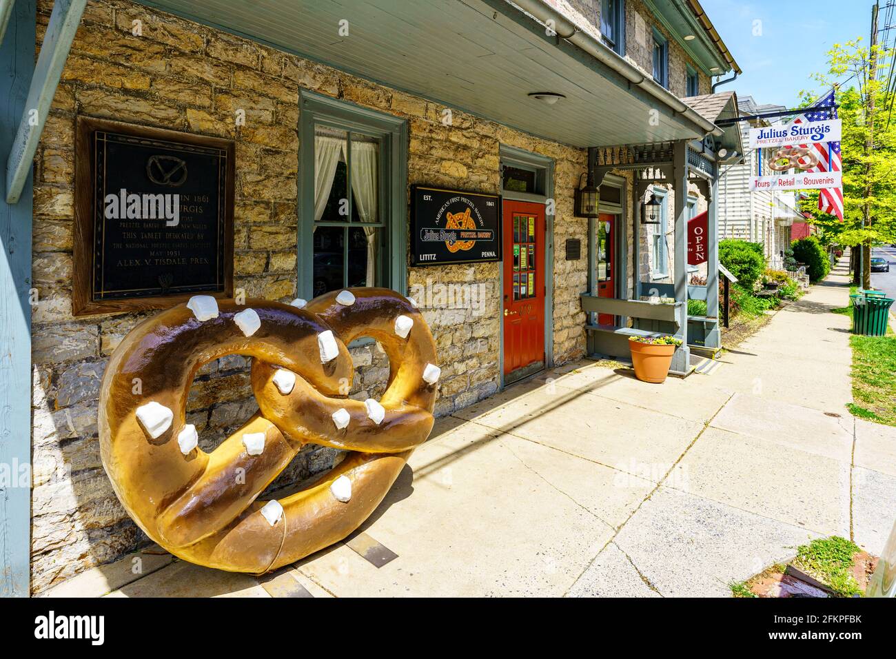 Lititz, PA, USA May 2, 2021 A large pretzel sign at the Julius