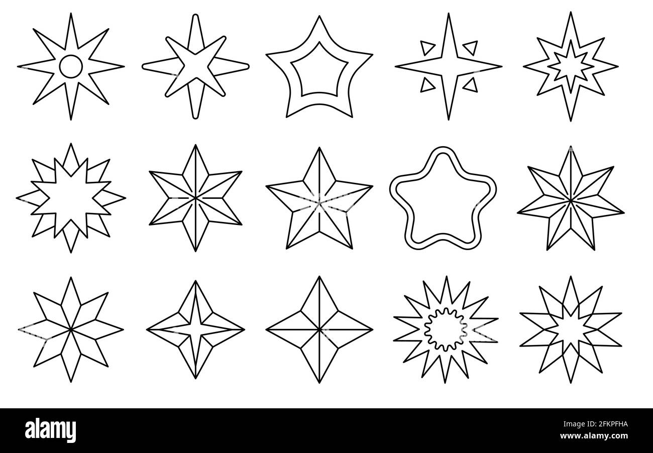 Set of simple star black line icons white background. Awards badges. Elements for decorating postcards, dishes, notebooks, scrapbooking. Price tags. Stock Vector