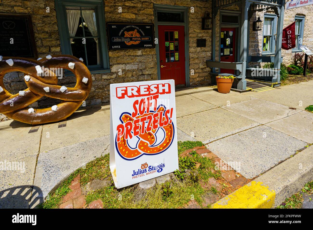 Lititz, PA, USA May 2, 2021 A soft pretzel sign at the Julius