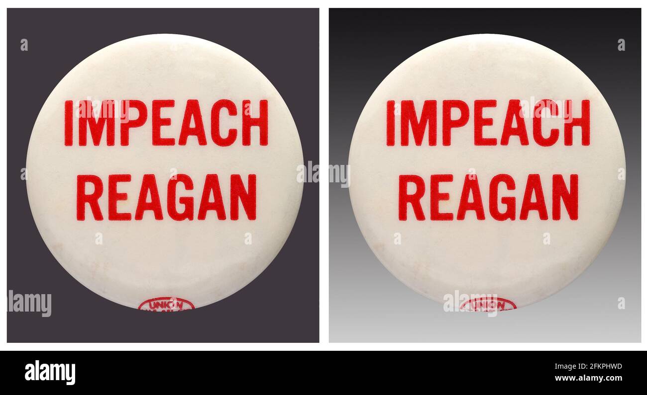1980s Impeach American President Ronald Reagan political pinback button.  During President Reagan’s eight years in office there were efforts to impeac Stock Photo