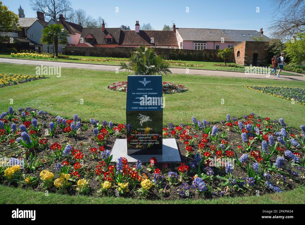 Parachute Regiment UK, view of a granite block honouring the Parachute Regiment sited in the Castle Park gardens, Colchester, Essex, England, UK Stock Photo