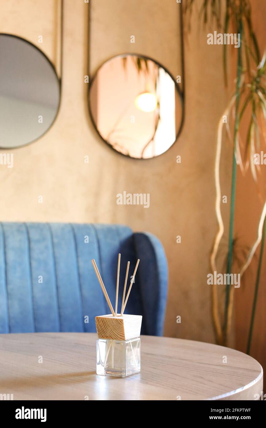 Aromatherapy reed diffuser air freshener on relaxed spa background ...