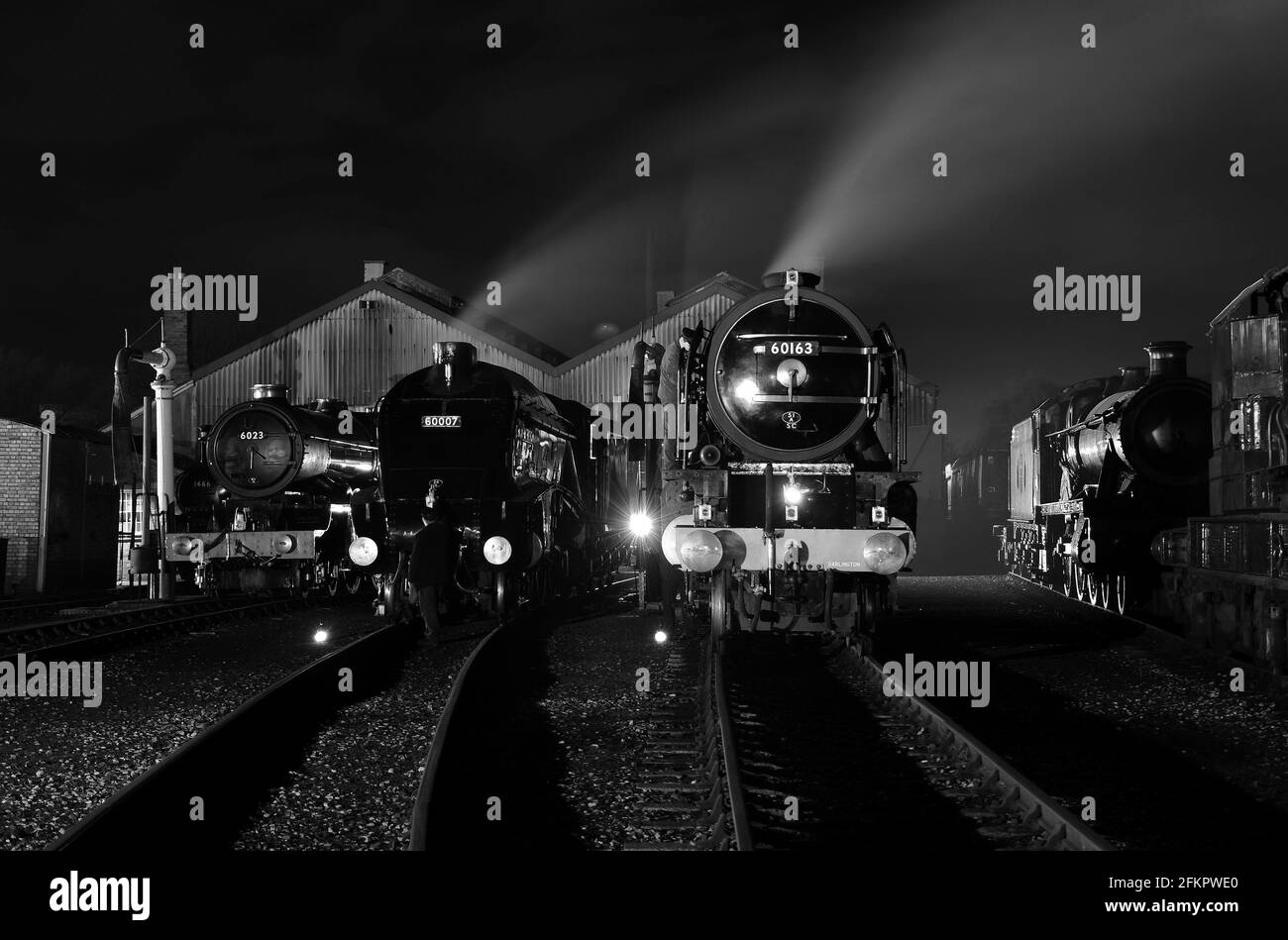 Left to right outside the shed are "1466", "King Edward II", "Sir Nigel Gresley", "Tornado" and "Burton Agnes Hall" Stock Photo