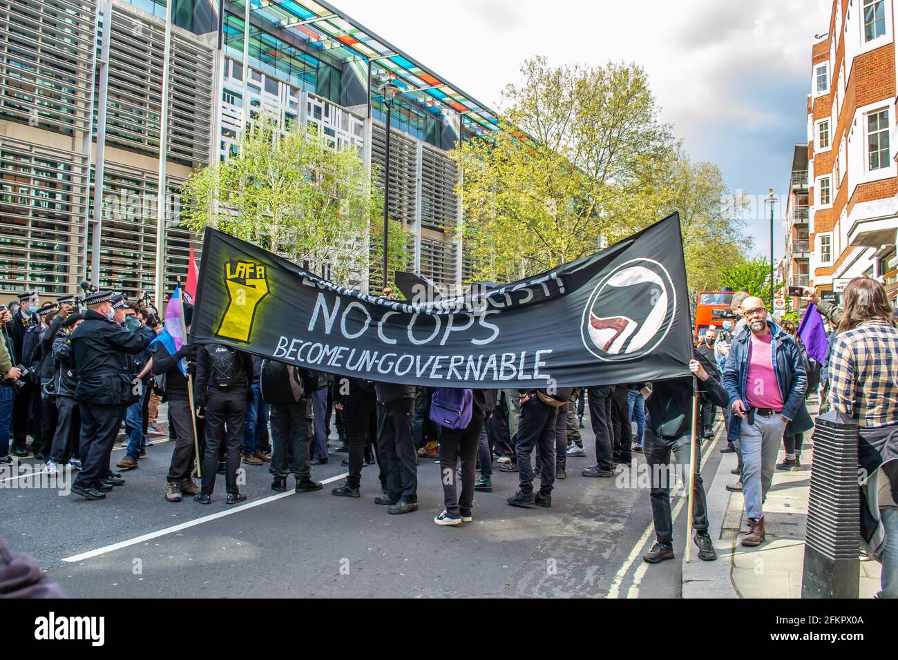 WESTMINSTER, LONDON, ENGLAND- 1 May 2021: Protesters outside The Home Office Building at a KILL THE BILL protest in London Stock Photo