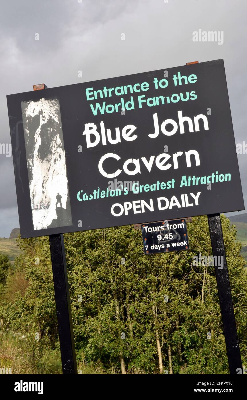 blue john cavern sign castleton derbyshire england Stock Photo