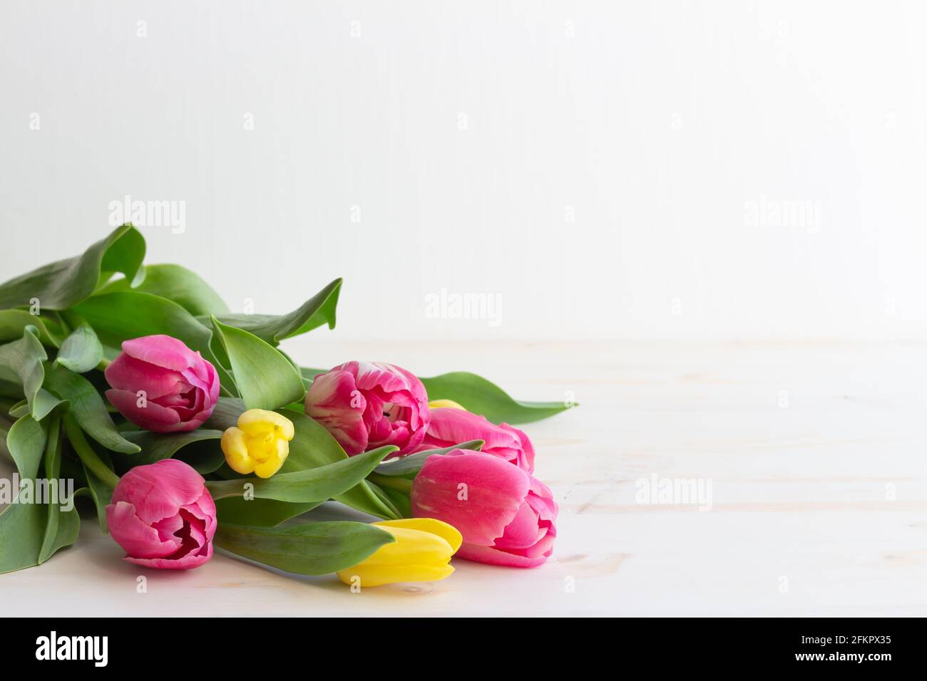 bouquet of pink and yellow tulips laying on white wood table with copy ...