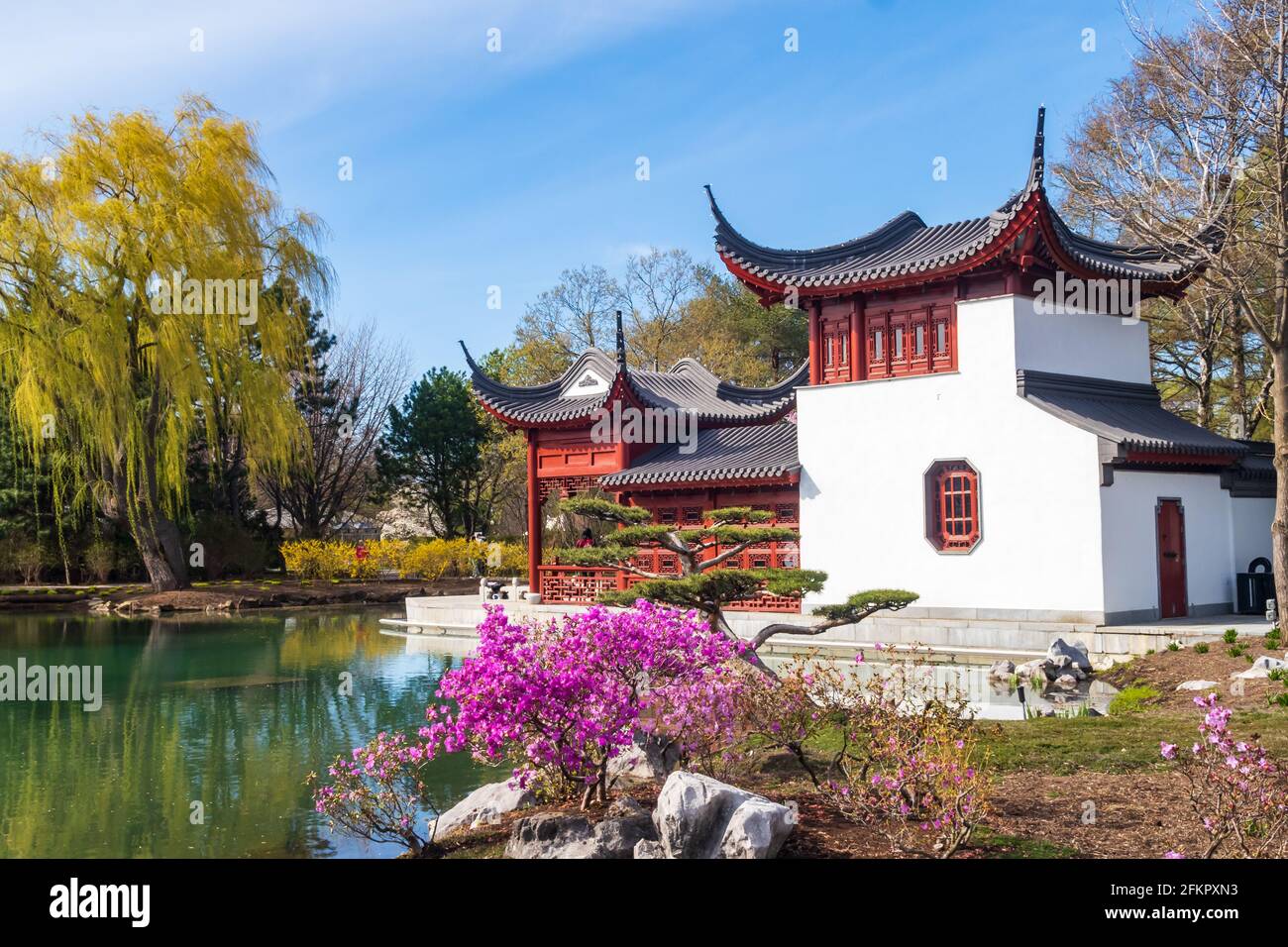 Spring view of a traditional chinese pavilion within the botanical garden Stock Photo