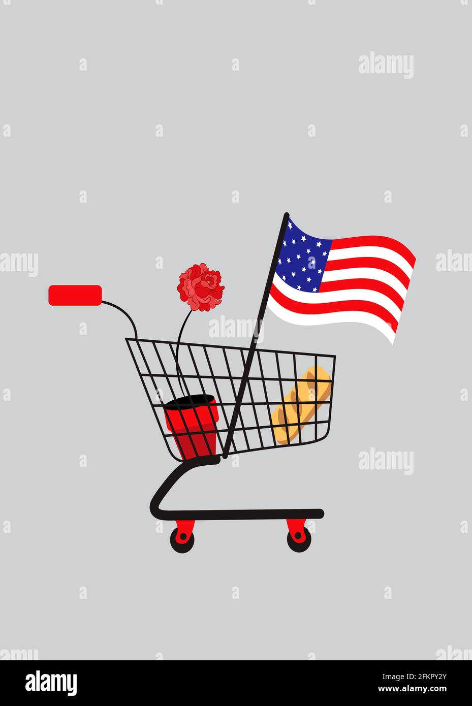 illustration of a supermarket basket with the american flag, a bread and a rose in it to symbolize idealism and poverty at the same time Stock Photo