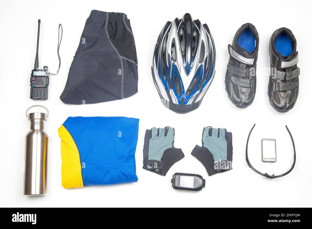 bicycle helmet, glasses, gloves, bottle 