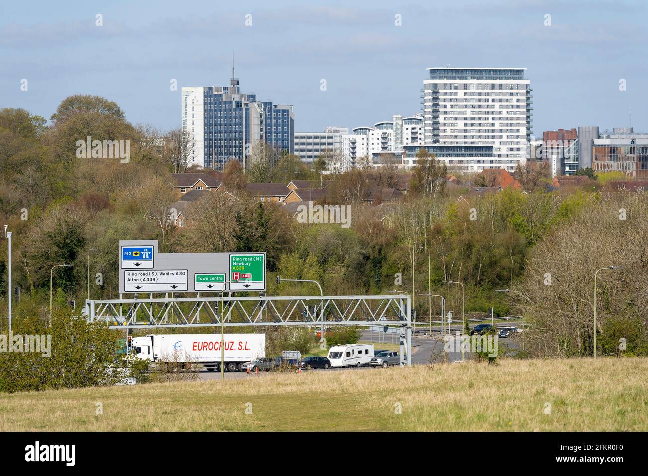 Traffic on the A339 and Basingstoke town centre high rise flats