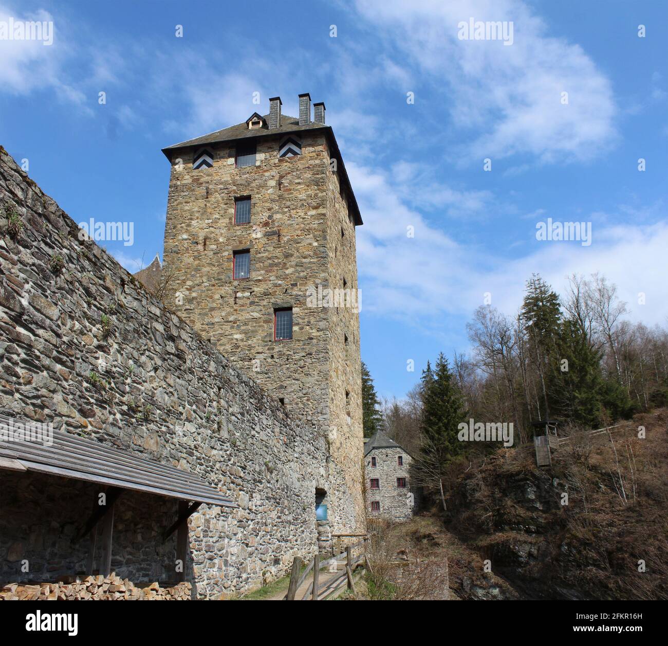 MALMEDY, BELGIUM, 14 APRIL 2021: Exterior view of Reinhardstein Castle near Malmedy in the Belgian Ardennes. As the highest castle in Belgium it is a Stock Photo