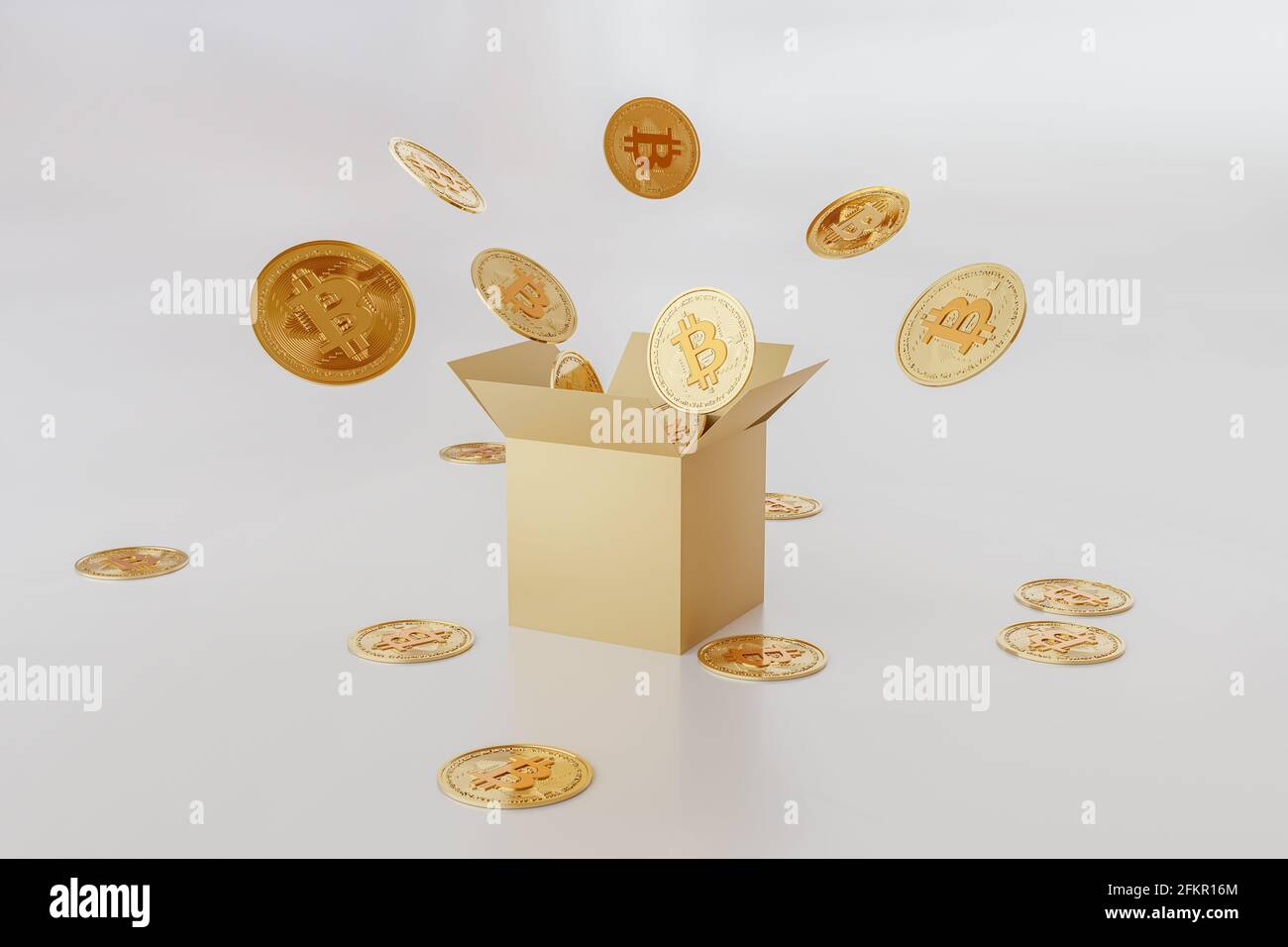 3d gold bank. Bitcoin symbol. Surprise inside open box isolated on white background abstract with golden bitcoins. Stock Photo