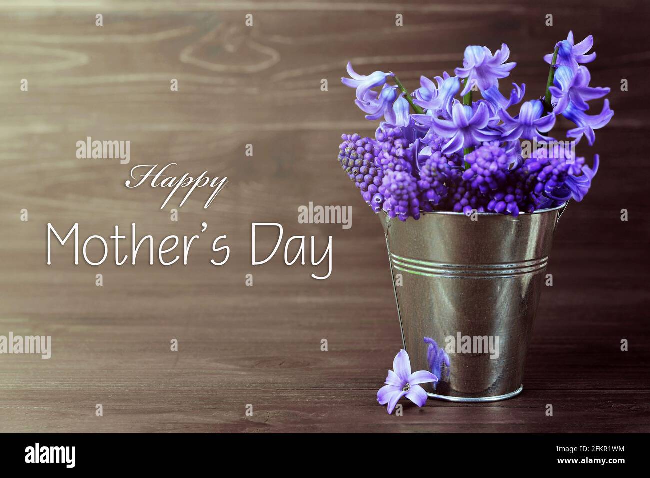 Happy Mothers Day card with spring flowers in bucket Stock Photo