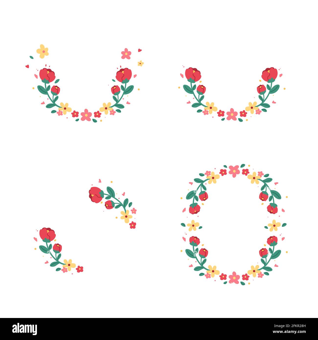 Set of cute red yellow and pink flowers arrangement with green leaves isolated vector on white background. Colorful floral element for wedding or gree Stock Vector