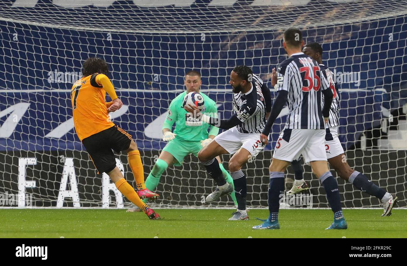 Wolverhampton Wanderers' Fabio Silva scores their side's first goal of the game during the Premier League match at The Hawthorns, West Bromwich. Issue date: Monday May 3, 2021. Stock Photo