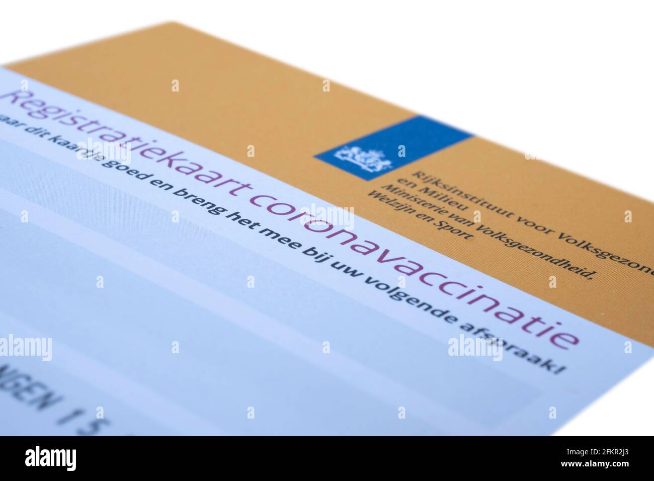 Dutch corona vaccination registration card from the RIVM and the Dutch Ministry of Health, Welfare and Sport. To take with you at the next appointment Stock Photo