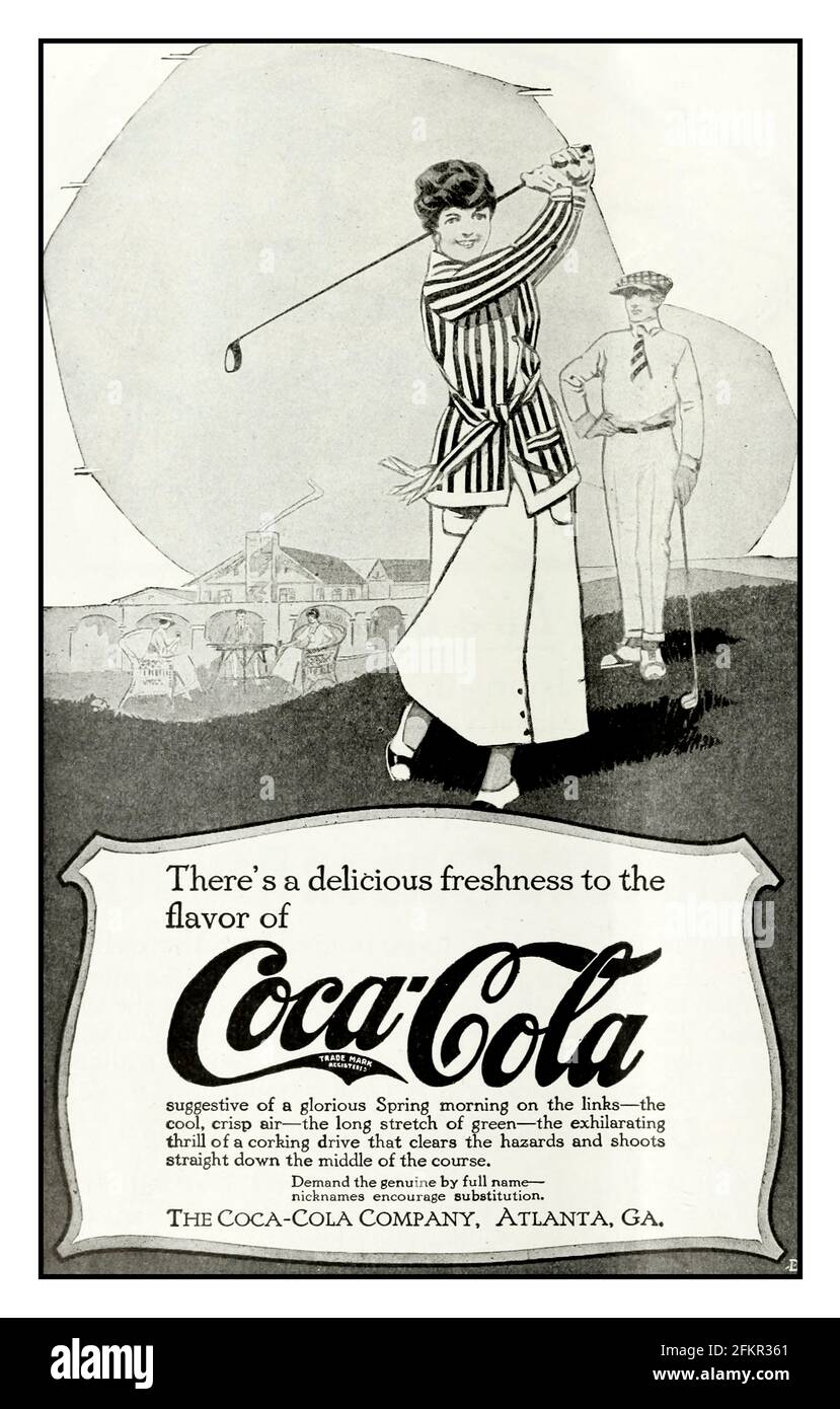 Vintage 1900's Retro Coca Cola advertisement of a woman playing a round of golf with the advert line ' There's a delicious freshness to the flavour of Coca Cola. Stock Photo