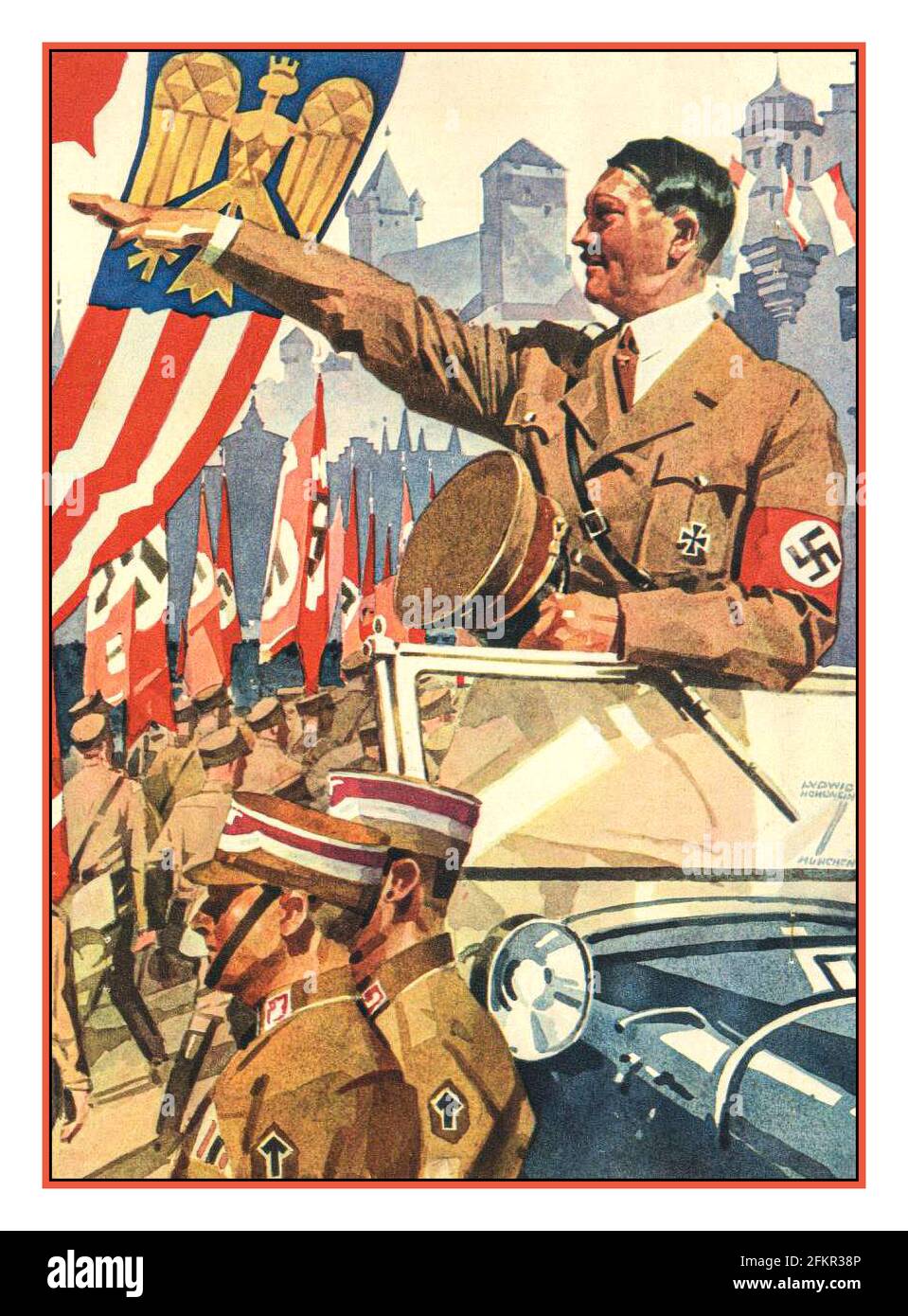 1930's Adolf Hitler in SA paramilitary uniform. Poster Card Illustration of Hitler wearing Swastika armband Reichsparteitag Nuremberg Rally with the Sturmabteilung Brown Shirts 1937 Ludwig Hohlwein artist Stock Photo