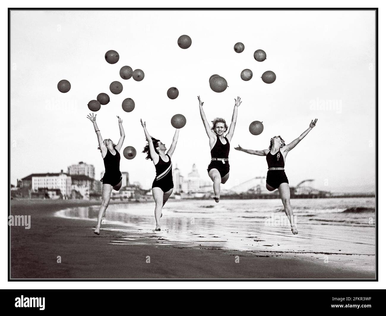 Vintage 1930's Atlantic City USA Balloon Dance Dancers vitality health Retro Beach B&W Lifestyle Photo Stock Photo