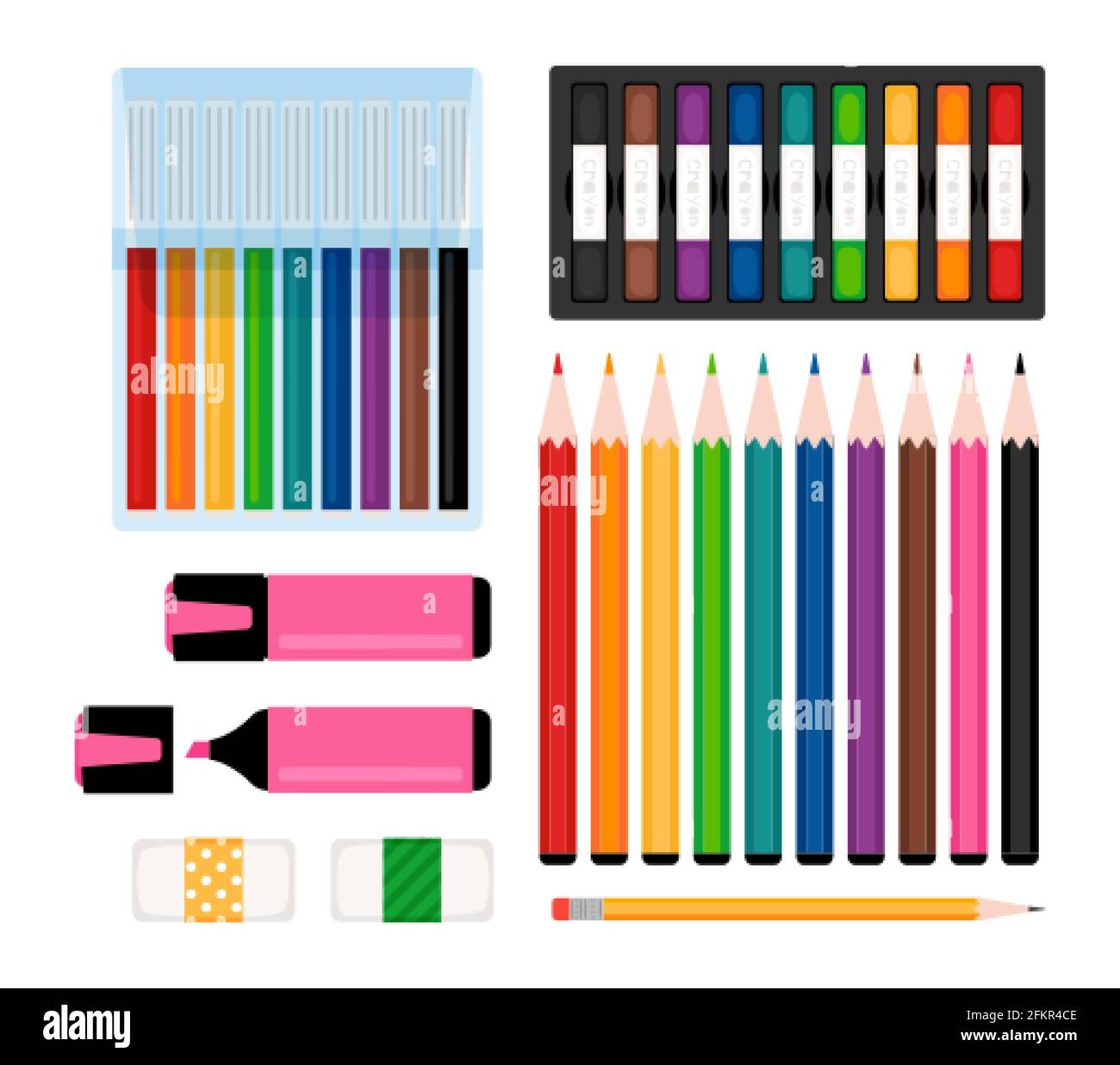 https://c8.alamy.com/comp/2FKR4CE/art-tools-collection-markers-color-pencils-and-erasers-felt-tip-pens-and-highlighter-stationery-vector-illustration-2FKR4CE.jpg