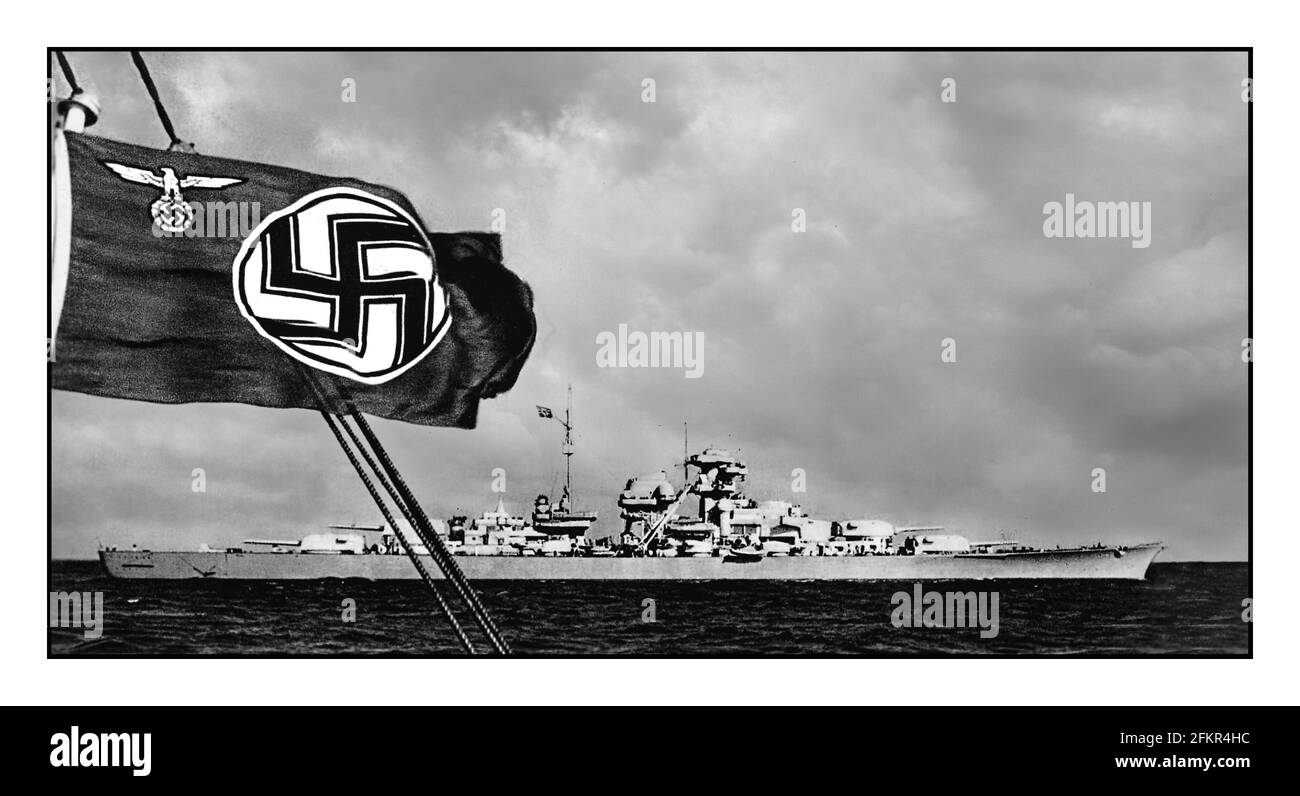 BISMARCK WW2 Nazi Germany built the largest battleship ever made in World War II, only to have it sunk by the Royal Navy on its first mission in the North Atlantic (1941) pictured here with the Nazi Kriegsmarine Swastika Flag flying in the foreground from the Prinz Eugen battleship Stock Photo