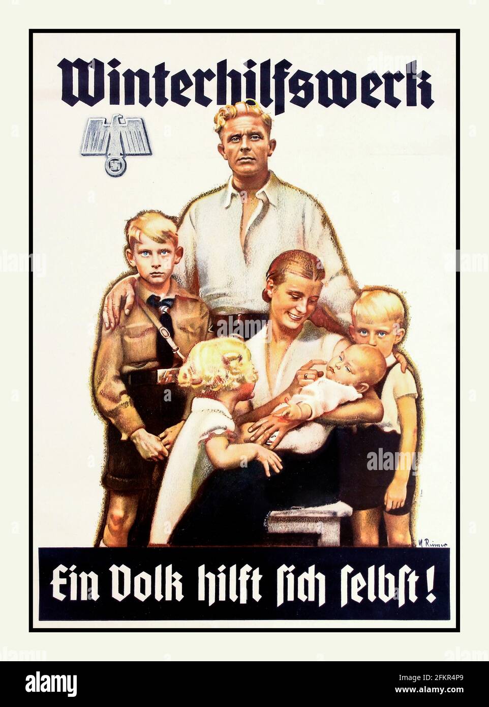 Nazi Propaganda original vintage poster WINTERHILFSWERK - EIN VOLK HILFT SICH SELBST!  WINTER RELIEF WORK - A PEOPLE HELPS ITSELF” Image of an ideal Aryan family with eagle holding a swastika in the top left corner. The Winterhilfswerk des Deutschen Volkes (English: 'Winter Relief of the German People'), commonly known by its abbreviated form Winterhilfswerk or WHW, was an annual drive by the Nationalsozialistische Volkswohlfahrt (National Socialist People’s Welfare Organization) to help finance charitable work in the Third Reich. Its slogan was 'None shall starve or freeze'.Germany. Year 1930 Stock Photo