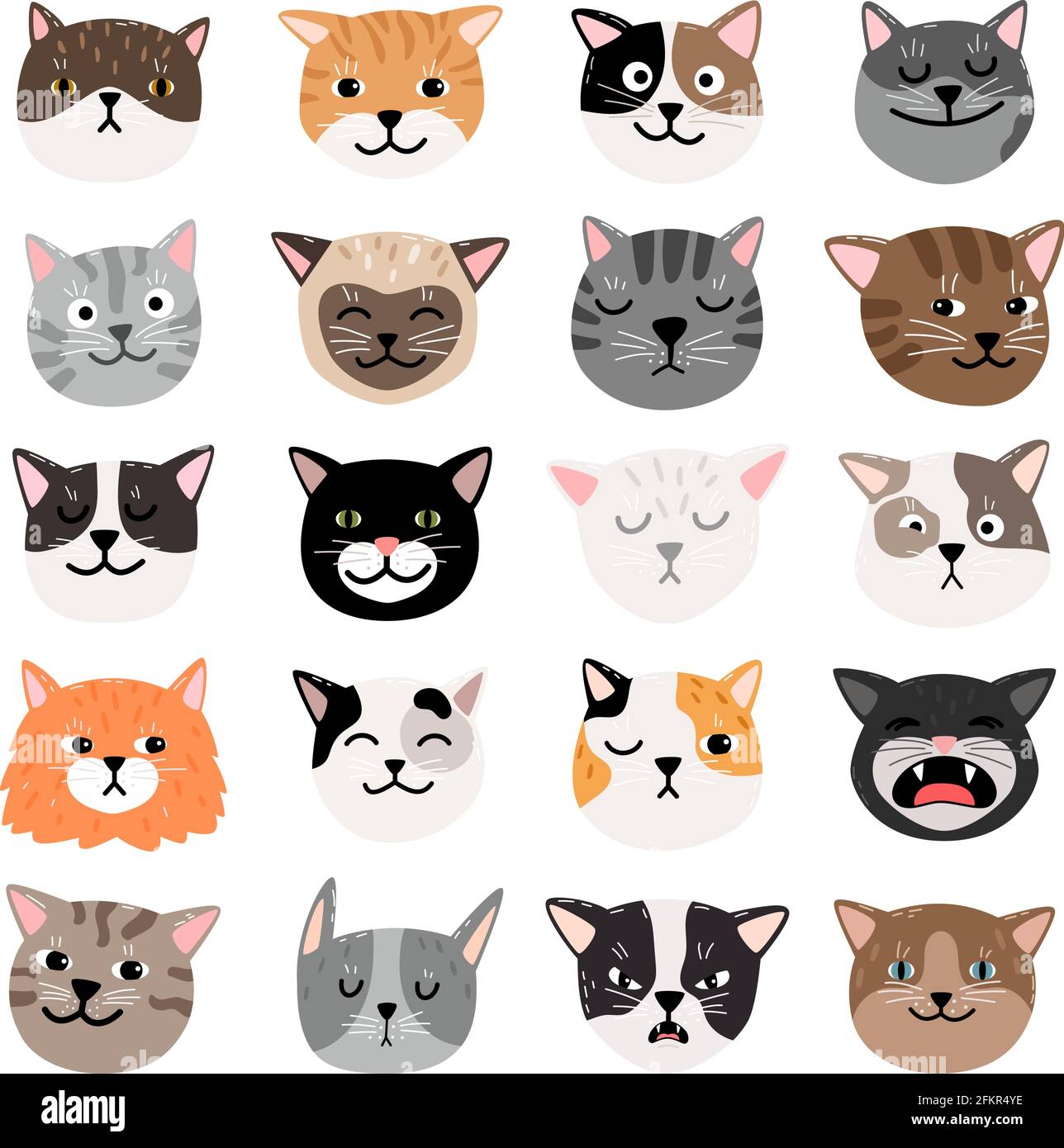 Funny cats face emtions. Cute funny cat characters faces, animals emtion set, happy and angry, sad and haughty mood heads Stock Vector