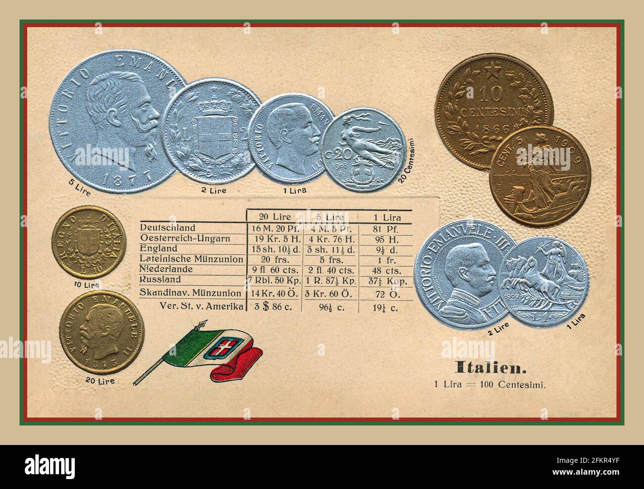 Historic 1900's Currency Exchange rate reference card for the Italian Lire coins to a variety of European Currencies and North America dollar Stock Photo