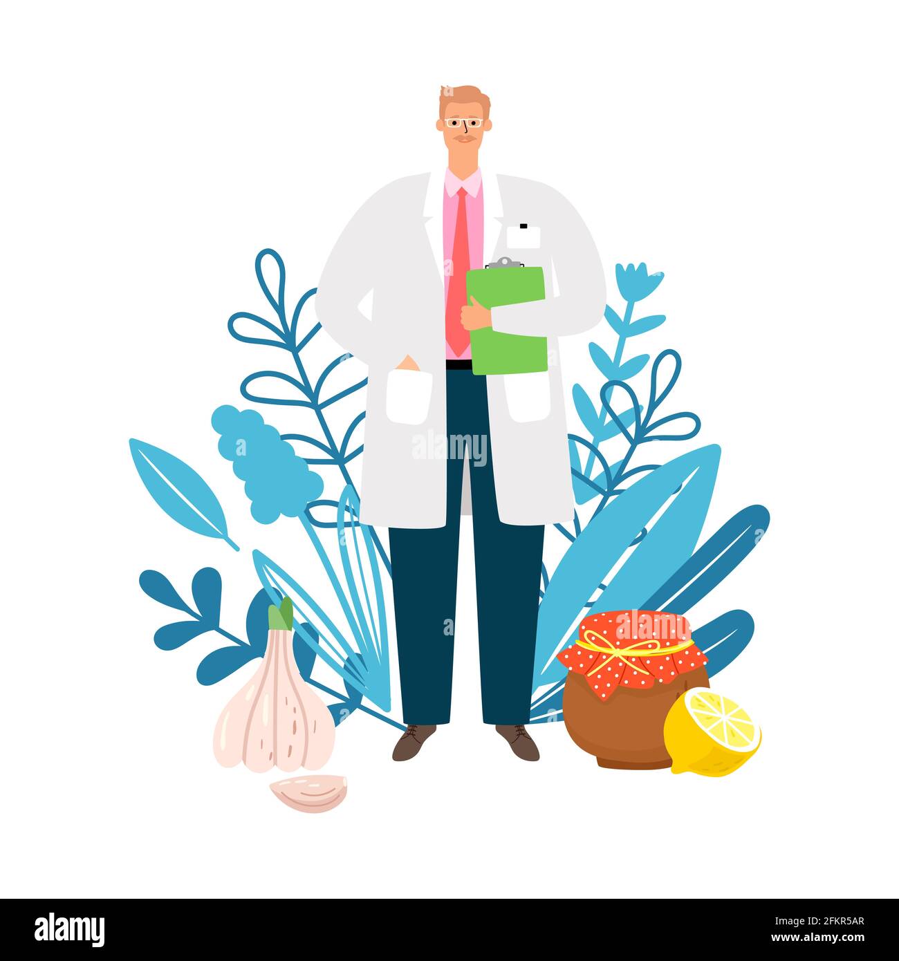 Doctor homeopath. Naturopath, treatment with natural products. Doctor, herbs and traditional medicine vector illustration Stock Vector