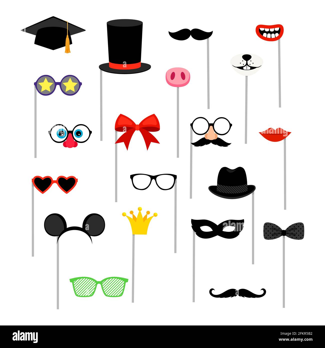 Photo booth accessories. Decorative elements on sticks. Mustache and lips,  eyeglasses and bows, hats and masks. Festive vector set Stock Vector Image  & Art - Alamy