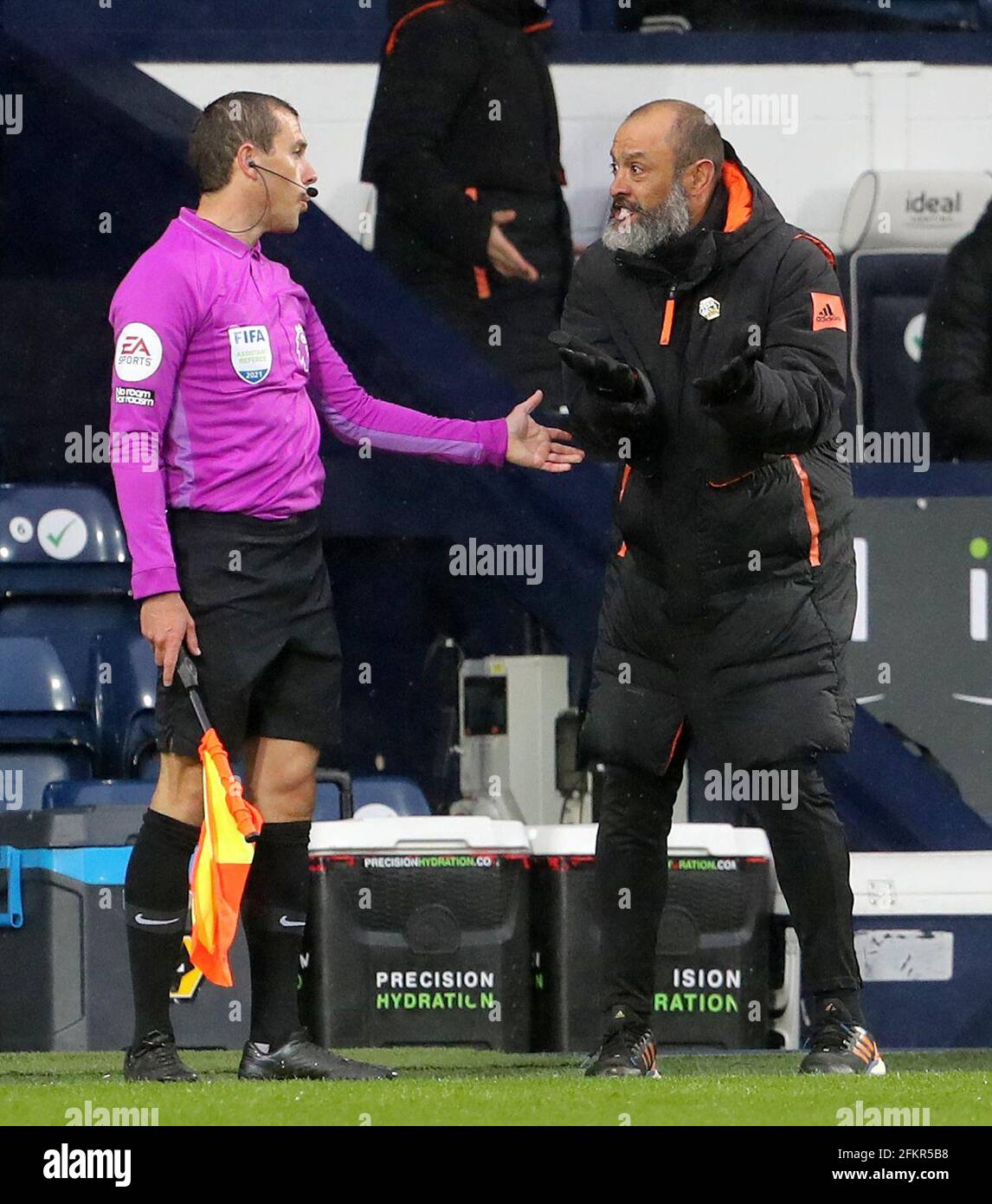Wolverhampton Wanderers manager Nuno Espirito Santo appeals to the linesman during the Premier League match at The Hawthorns, West Bromwich. Issue date: Monday May 3, 2021. Stock Photo