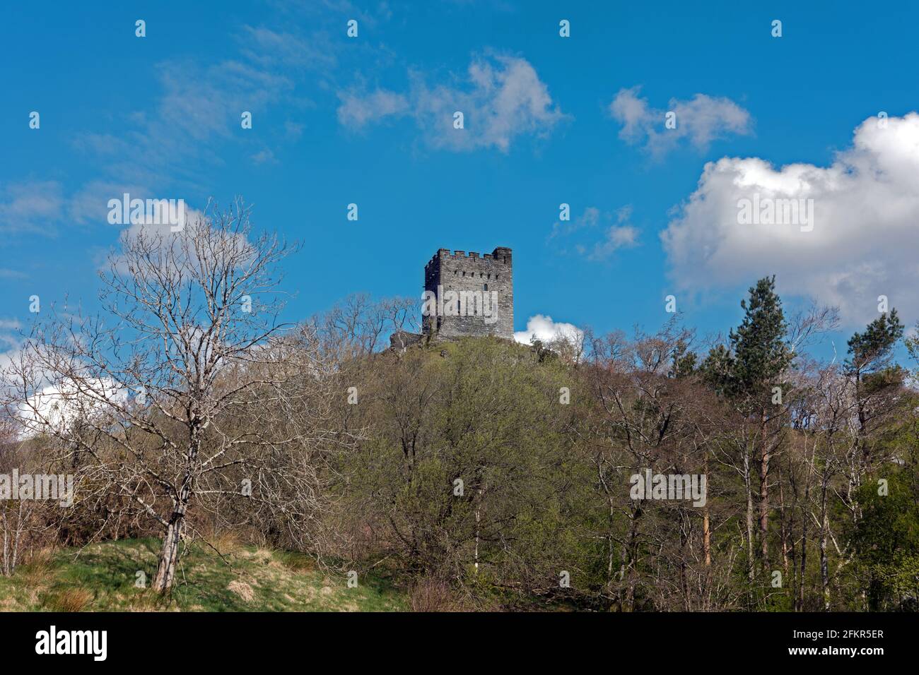 Dolwyddelan Castle is located near Dolwyddelan in North Wales. It was partly built in the early 13th century by Prince Llywelyn but later modified. Stock Photo