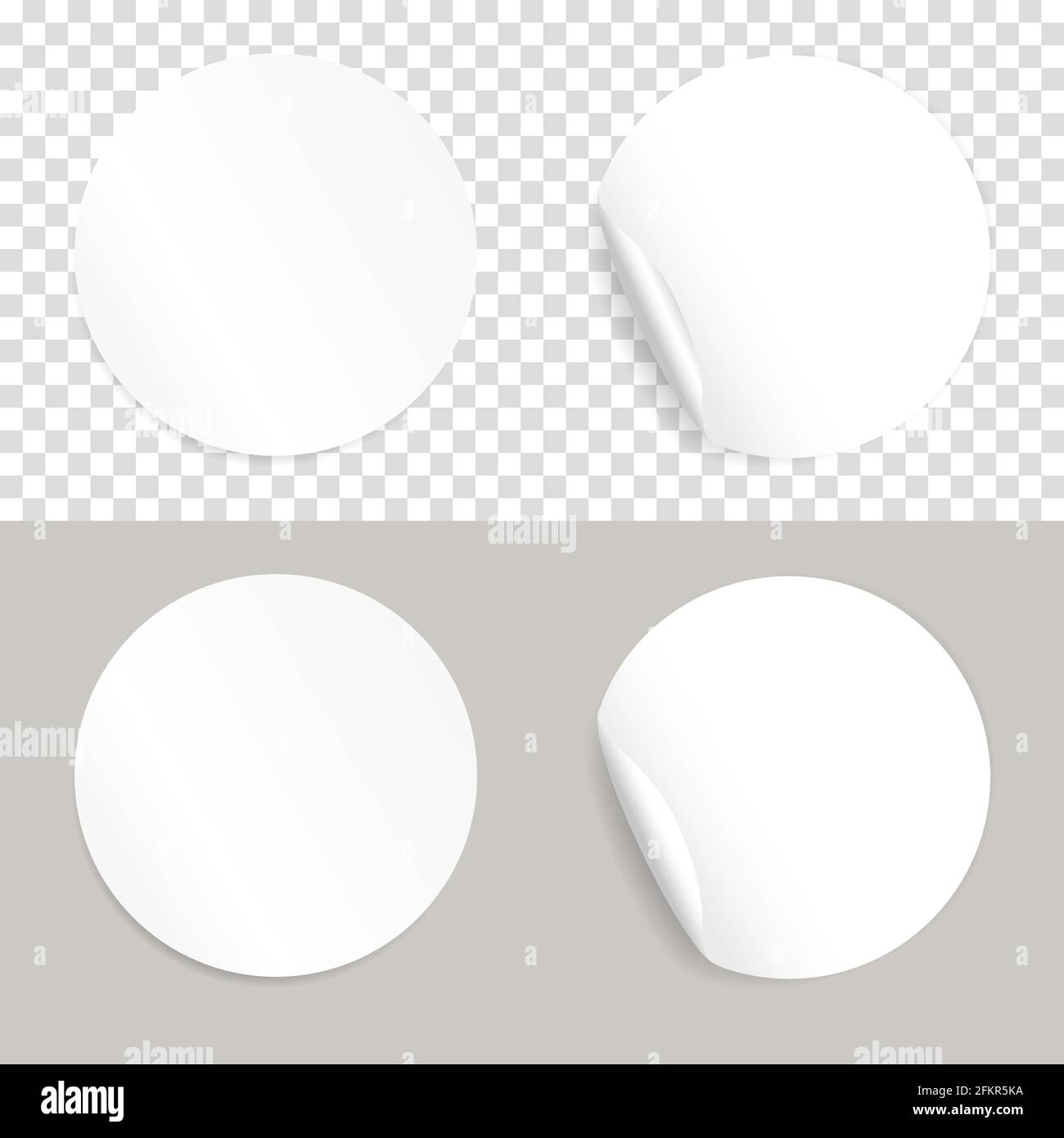 Round white realistic stickers. Circle sticker isolate set with folded edges, blank adhesive rounded tags or price signs with shadow Stock Vector