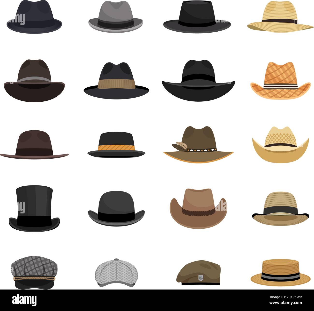 Different male hats. Fashion and vintage man hat collection vector image,  derby and bowler, cowboy and peaked cap, tyrolean and summer straw hat,  military beret Stock Vector Image & Art - Alamy