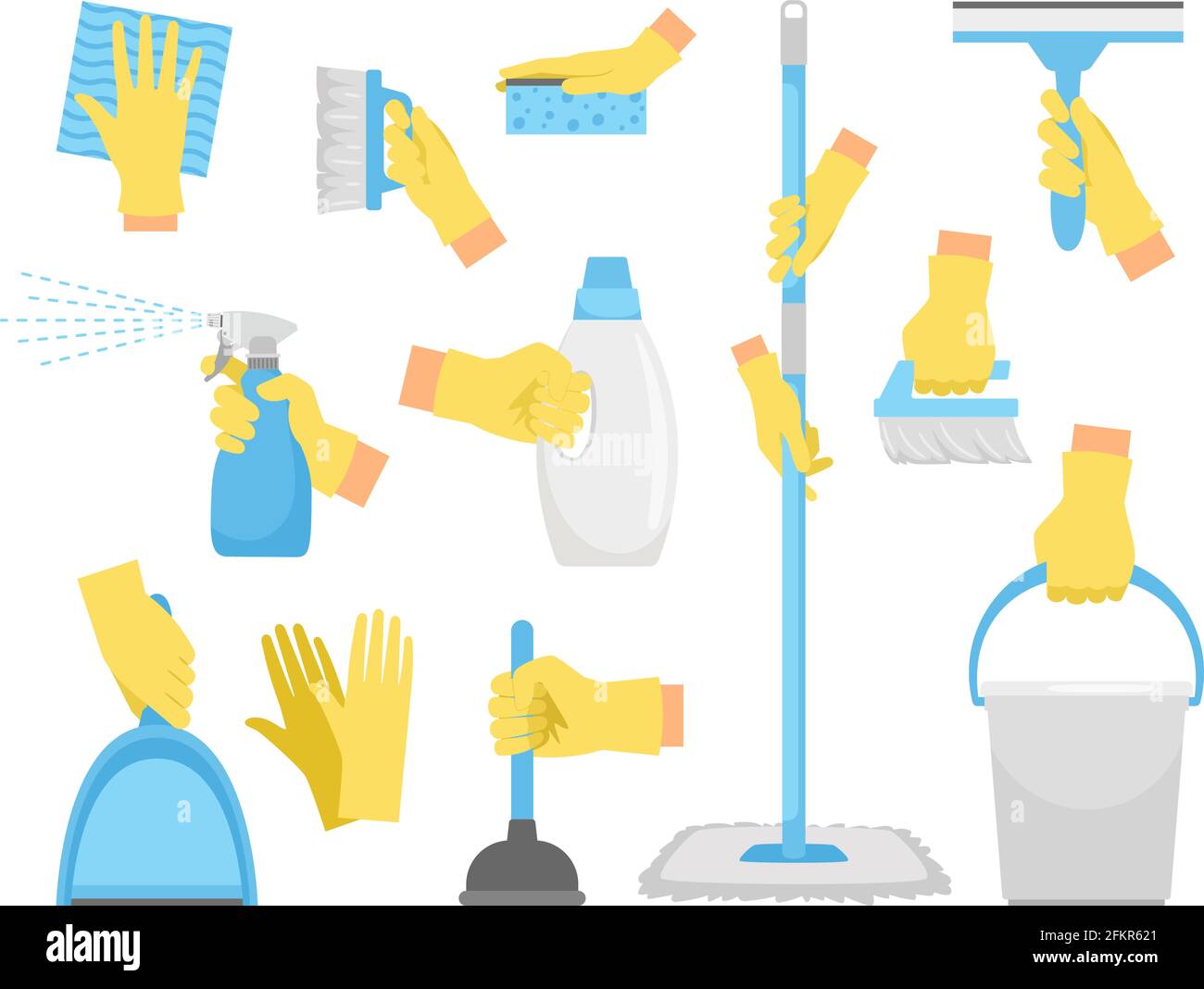 Cleanning tools with hands. House holding equipment in rubber glove hand, detergent supply