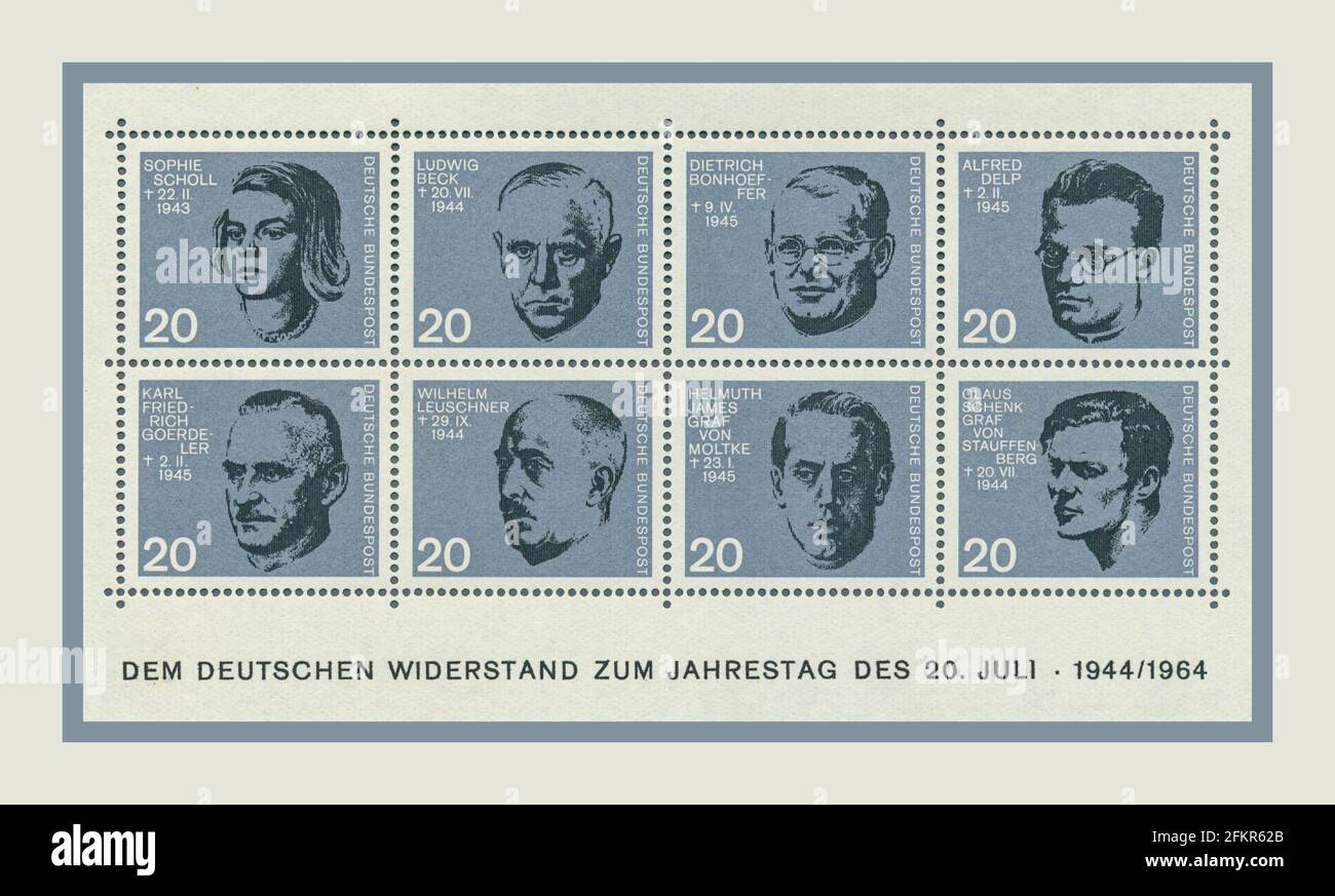 1944-1964 Hitler assasination commemorative stamps '20th anniversary of the assassination attempt on Adolf Hitler from July 20, 1944' Various Germans featured who bravely resisted the Nazi Third Reich and played a part in the assassination attempt on Adolf Hitlers life and were executed. Stock Photo