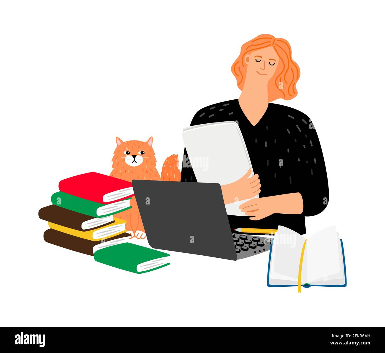 Student with cat, books and laptop. Self education, completing term