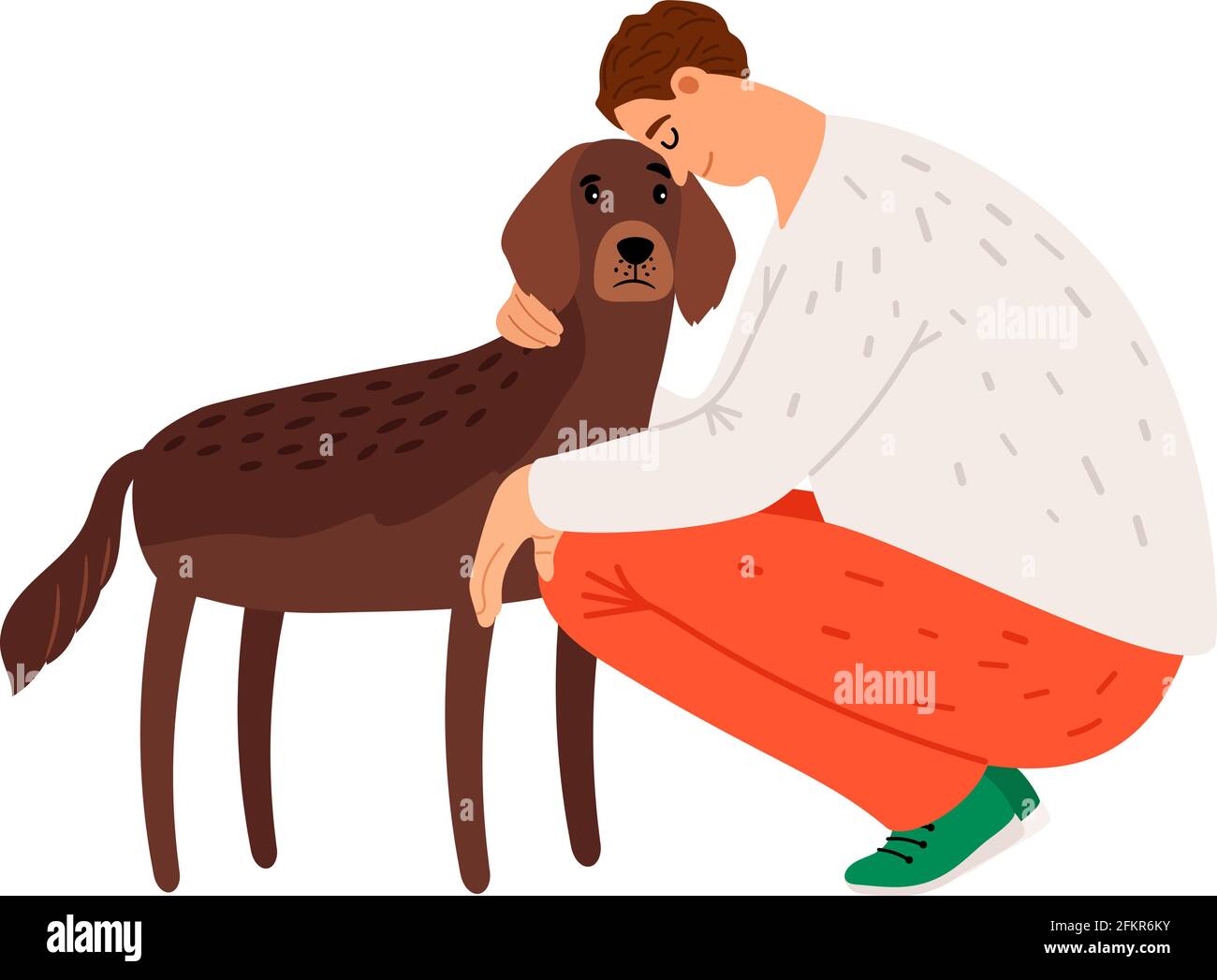 Man hugs setter. Dog and owner. Isolated tired human with his pet. Puppy lover vector character Stock Vector