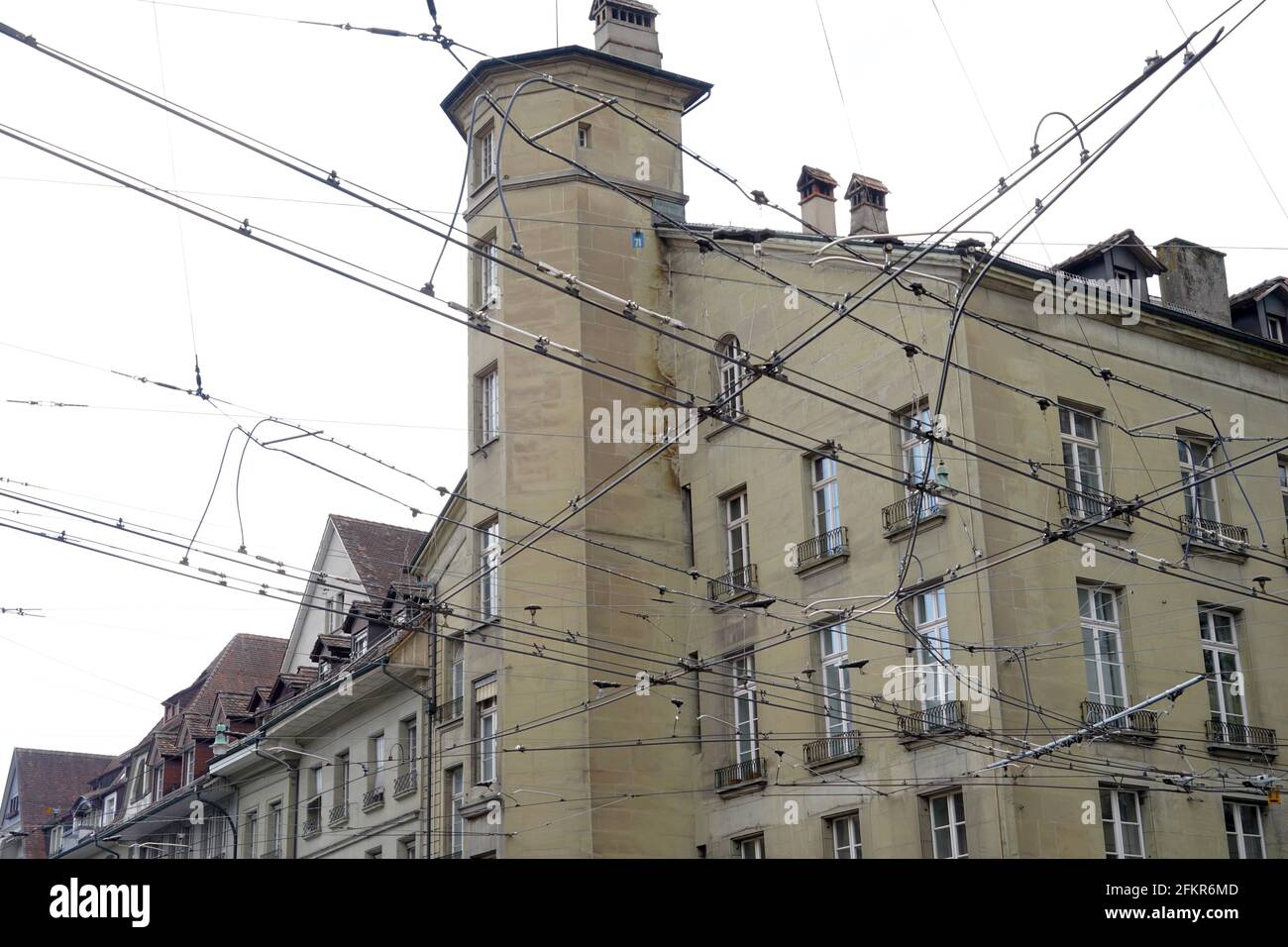 Contact lines or tractions lines of trams and trolleybuses in capital city Bern in Switzerland. Stock Photo