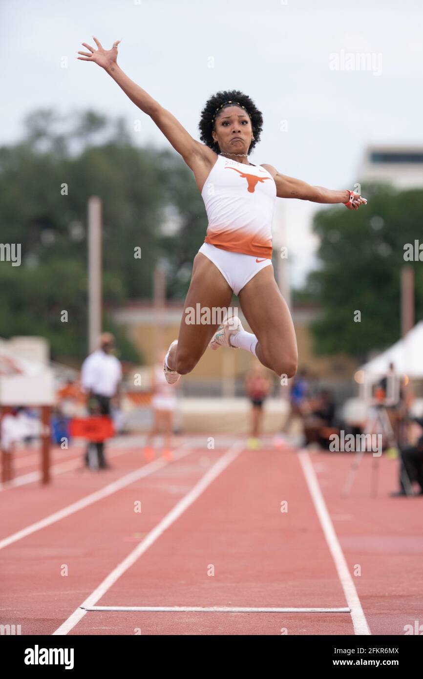 Austin, Texas, USA. 01st May, 2021. University of Texas women's long jump ace Tara Davis soars to an easy victory at the Texas Invitational as she continues a quest for a spot on the 2021 U.S. Olympic team. Credit: Bob Daemmrich/Alamy Live News Credit: Bob Daemmrich/Alamy Live News Stock Photo
