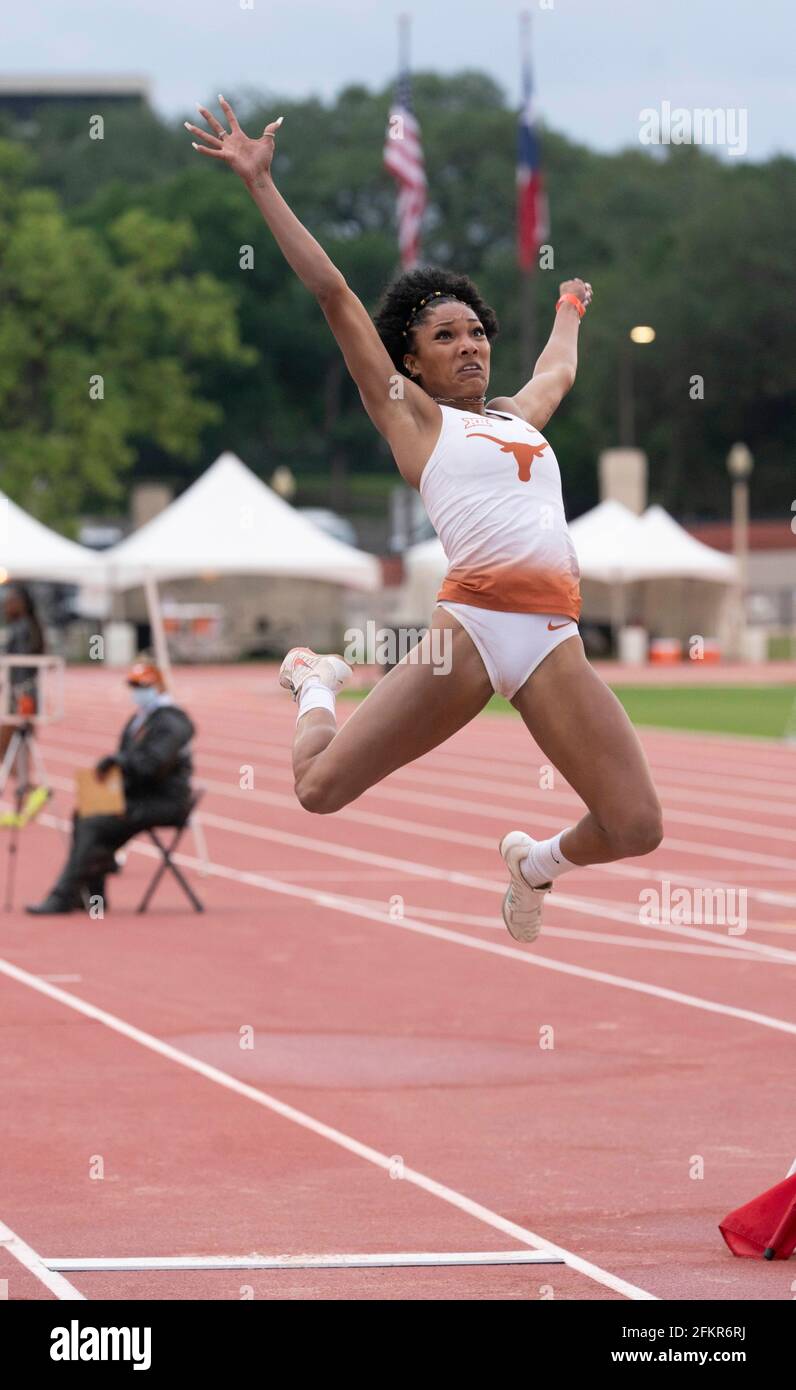 Austin, Texas, USA. 01st May, 2021. University of Texas women's long jump ace Tara Davis soars to an easy victory at the Texas Invitational as she continues a quest for a spot on the 2021 U.S. Olympic team. Credit: Bob Daemmrich/Alamy Live News Credit: Bob Daemmrich/Alamy Live News Stock Photo