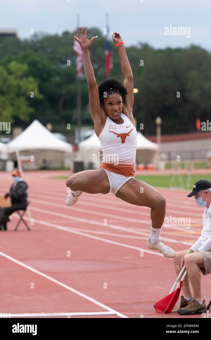 Austin, Texas, USA. 01st May, 2021. University of Texas women's long jump ace Tara Davis soars to an easy victory at the Texas Invitational as she continues a quest for a spot on the 2021 U.S. Olympic team. Credit: Bob Daemmrich/Alamy Live News Credit: Bob Daemmrich/Alamy Live News Stock Photo