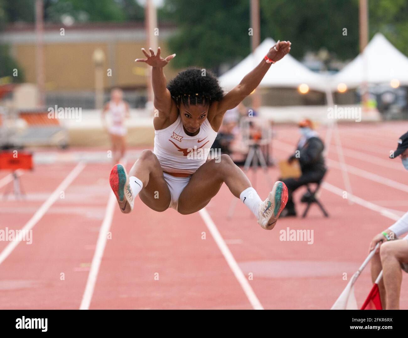 Austin, Texas, USA. 01st May, 2021. University of Texas women's long jump ace Tara Davis soars to an easy victory at the Texas Invitational as she continues a quest for a spot on the 2021 U.S. Olympic team. Credit: Bob Daemmrich/Alamy Live News Credit: Bob Daemmrich/Alamy Live News Stock Photo