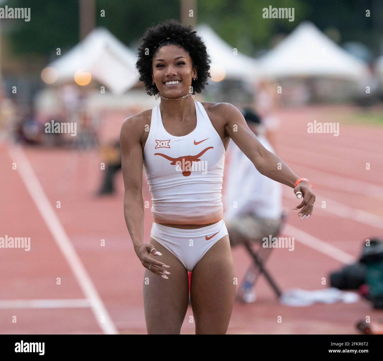 Austin, Texas, USA. 01st May, 2021. University of Texas women's long jump ace Tara Davis smiles after an easy victory at the Texas Invitational as she continues a quest for a spot on the 2021 U.S. Olympic team. Credit: Bob Daemmrich/Alamy Live News Credit: Bob Daemmrich/Alamy Live News Stock Photo