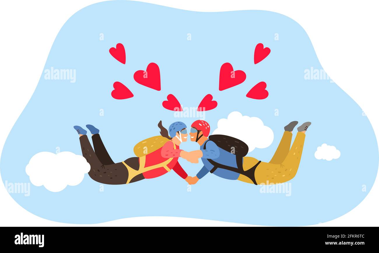 Free fall. Skydiving hobby, couple falling in love metaphor. Man and woman kiss in flying vector illustration Stock Vector
